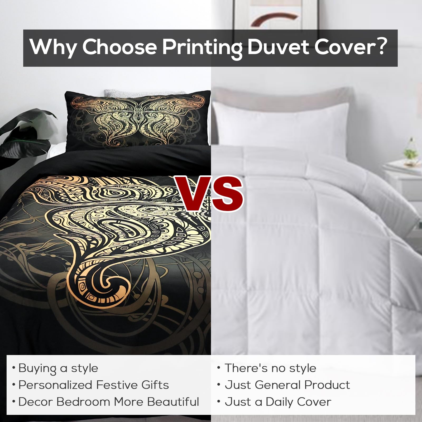 Zhh Duvet Cover Queen Bedding 3 of Set - 3D Digital Butterfly Quilt Cover with 4 Corner Belts, Soft Breathable, Black