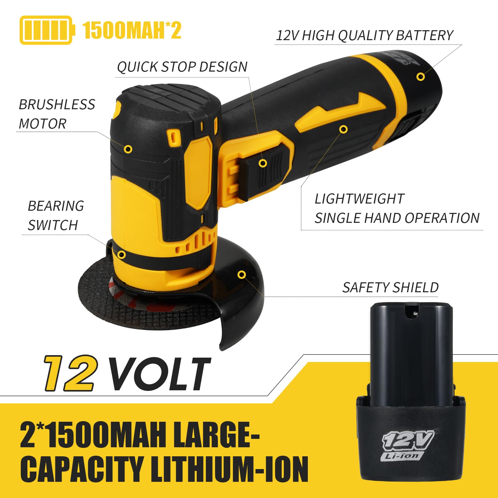 VTWTV Cordless Brushless Mini Angle Grinder Kit, Grinding Disc 3in/76mm, 19500rpm Mini Lightweight Electric Grinding Tool Handheld Cutter with 2 PCS 12V1500mAh Batteries & 6PCS Cutting Discs