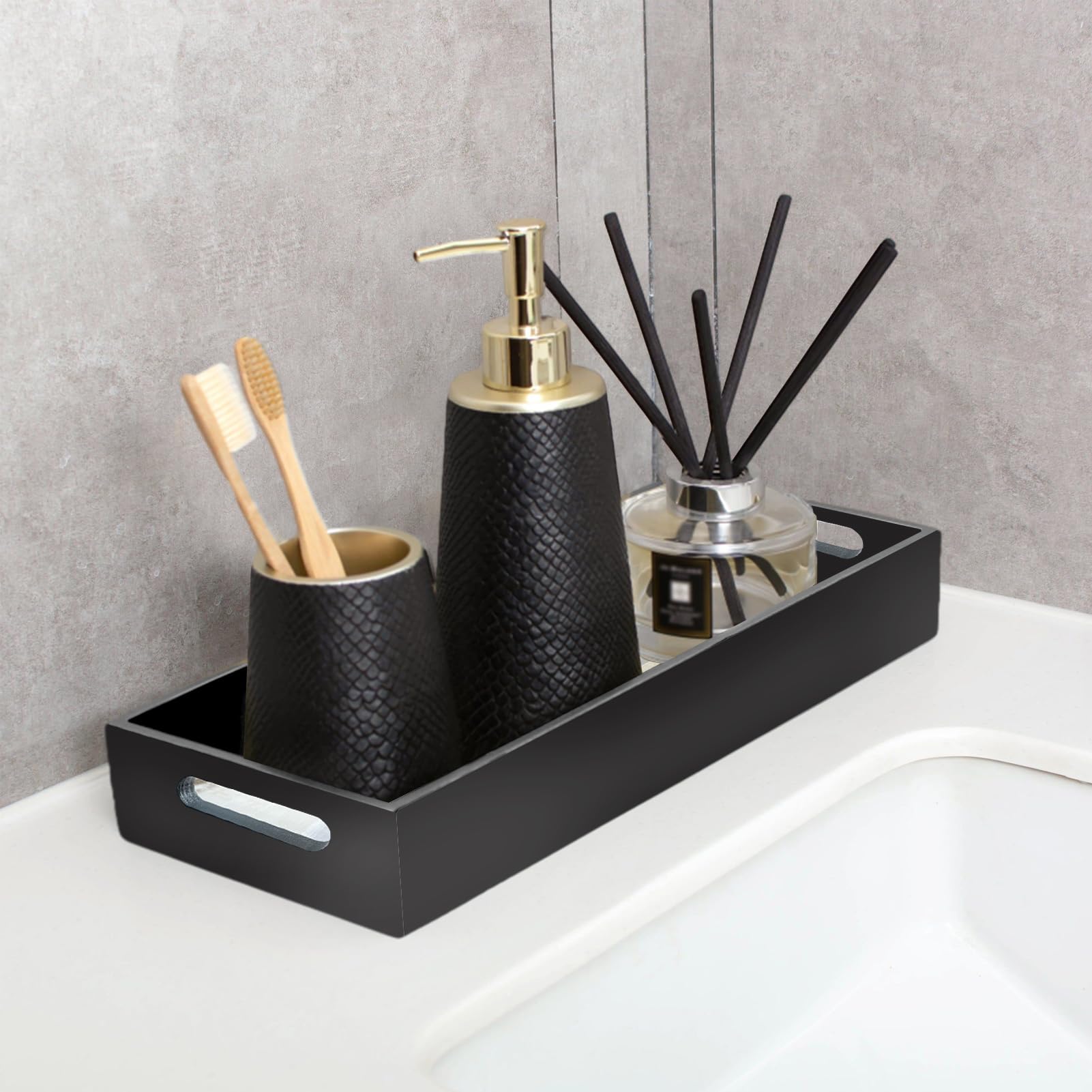 LNOND Bathroom Counter Tray, Black Abstract Toilet Tank Tray Bathroom Organizer Decor Box, Wood Bathroom Vanity Tray for Counter Decor Dresser Tops-13.7" x 5.9" x 1.6"