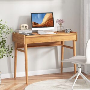 Giantex Computer Desk, 39.5" Bamboo Home Office Desk with 2 Storage Drawers and Open Shelf, Makeup Table Vanity Desk, Modern Writing Desk Computer Workstation for Bedroom, Study, Natural