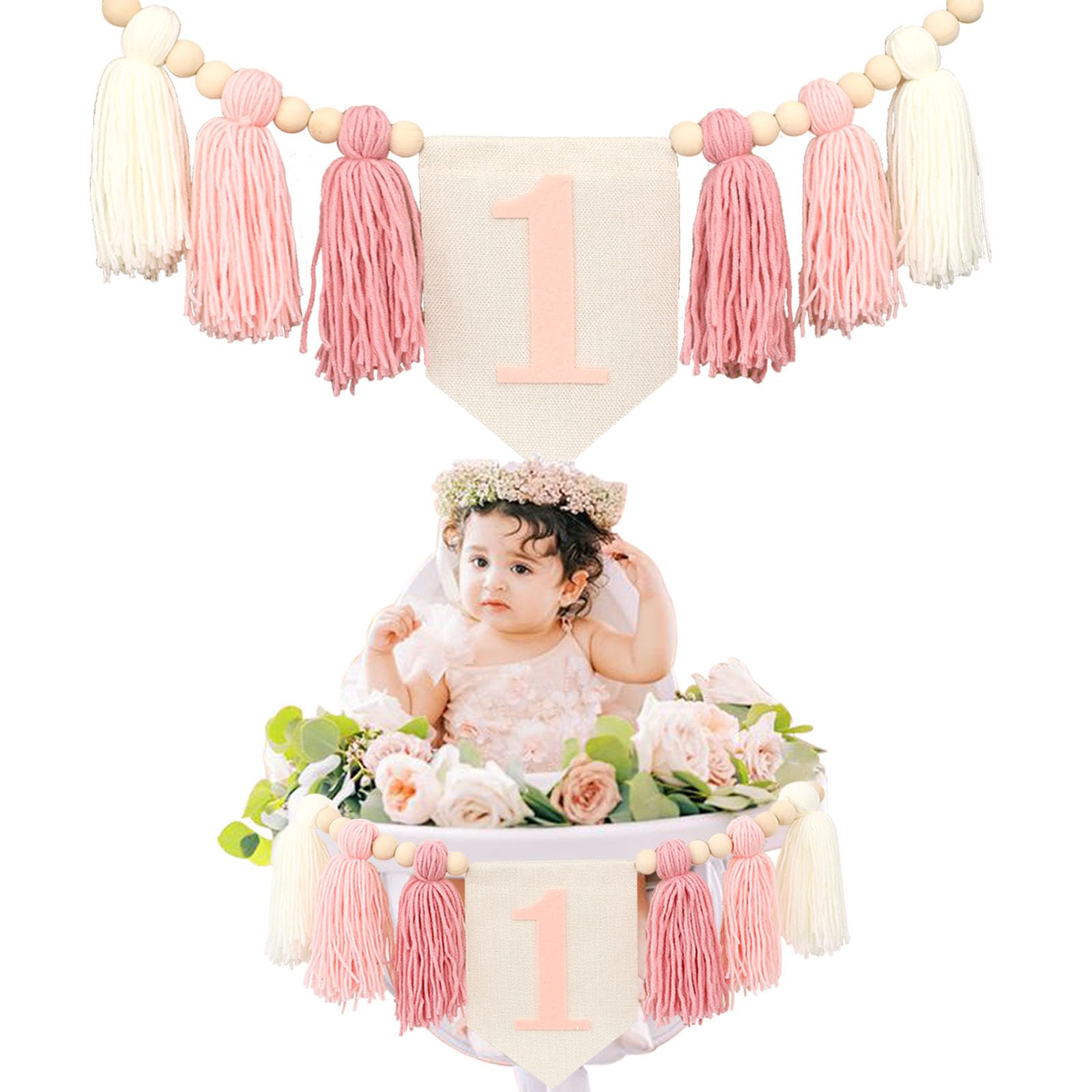 Handmade Boho 1st Birthday High Chair Banner Party Decoration for Girl Baby Shower Pink Wall Hangings Decorative for Kids Bedroom