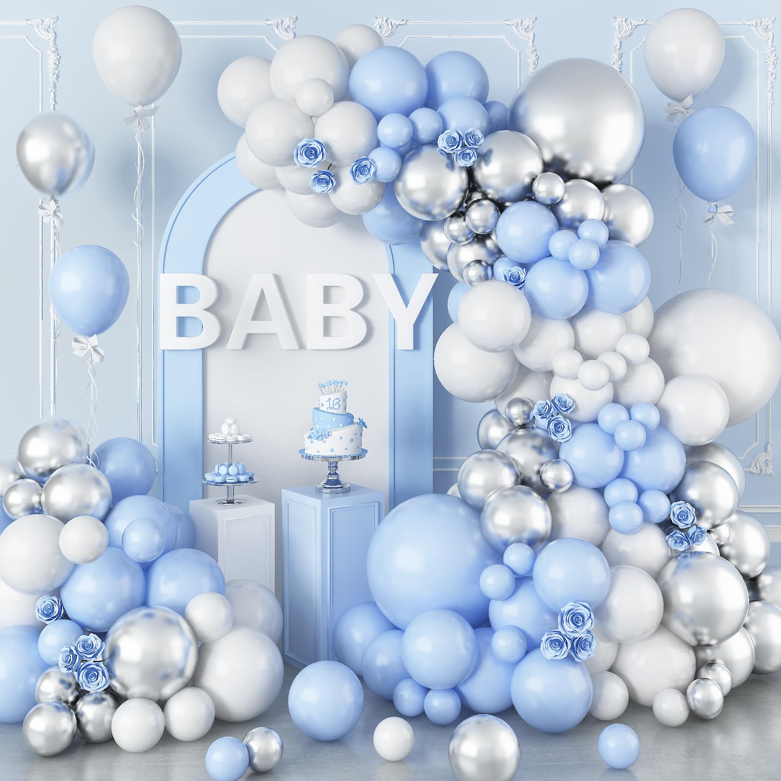 Blue White Balloon Arch Kit, 108 Pcs Blue Silver White Balloon Garland with 18/12/10/5 Inch Pastel Baby Blue White Silver Latex Balloons for Boys Baby Shower Birthday Wedding Graduation Decorations