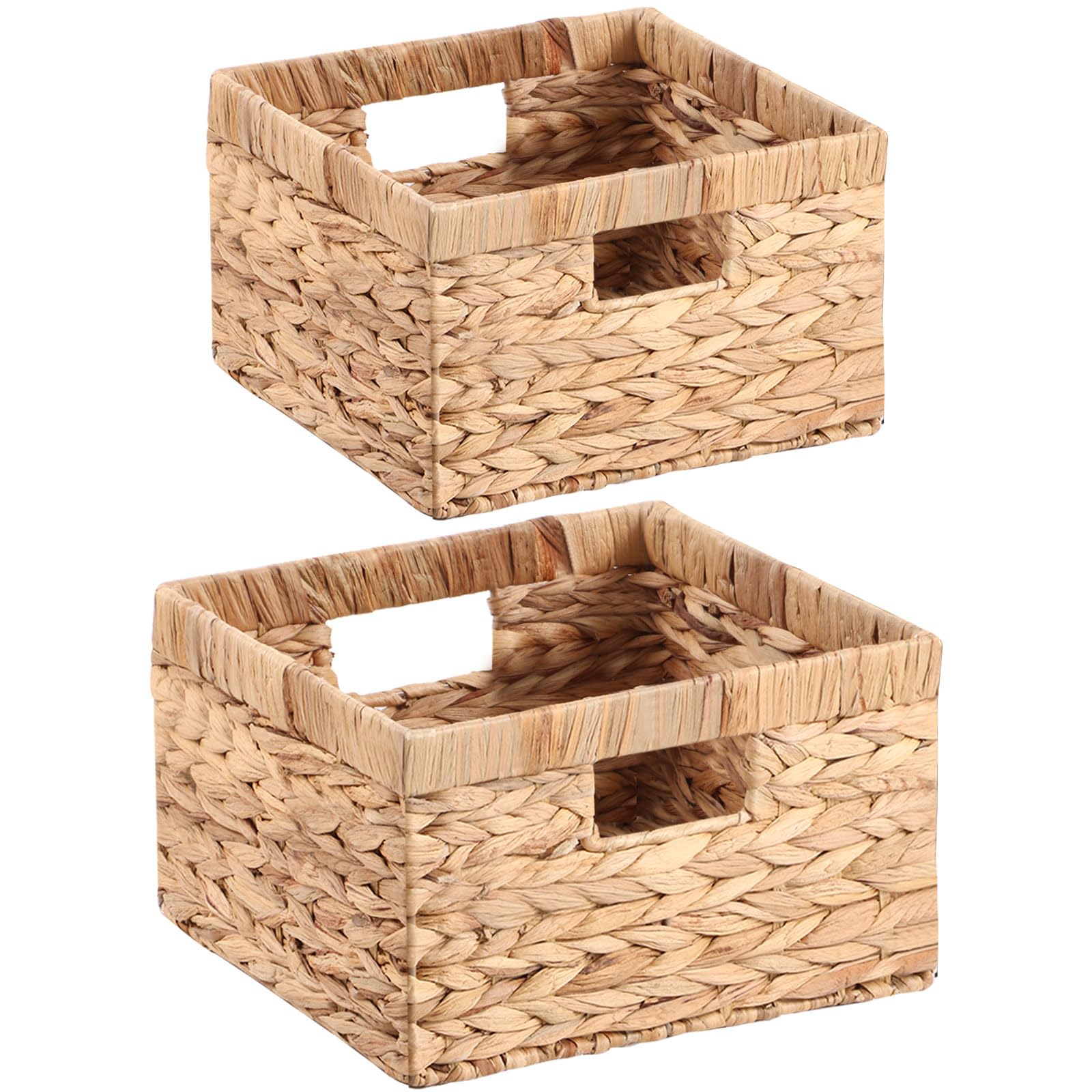 YheenLf Wicker Storage Basket with Handle for Organizing, Decorative Woven Storage Basket Bins for Makeup Towel Shelf Cupboards Drawer Closet Dresser, Water Hyacinth, Set of 2