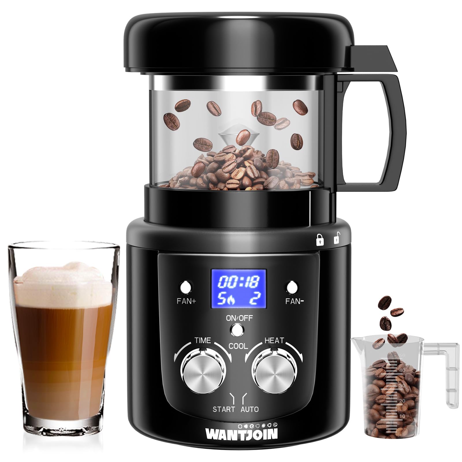 WantJoin Coffee Bean Roaster Machine for Home Use, Coffee Roaster with Timer, Transparent Thickened Glass, Auto&Diy Mode, 100g per use, Father's Day Gift for Coffee Drinker, Friends,1400W