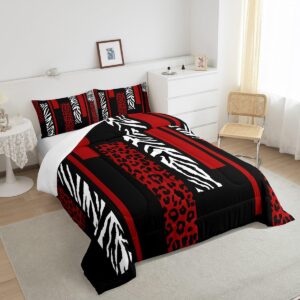 Leopard Print Comforter Set Queen Size,Zebra Skin Stripes Rustic Farmhouse Bedding Set,Girls Women Room Decor,Geometric Square Patchwork Down Comforter,Red Black Fashion Duvet Insert,2 Pillowcases