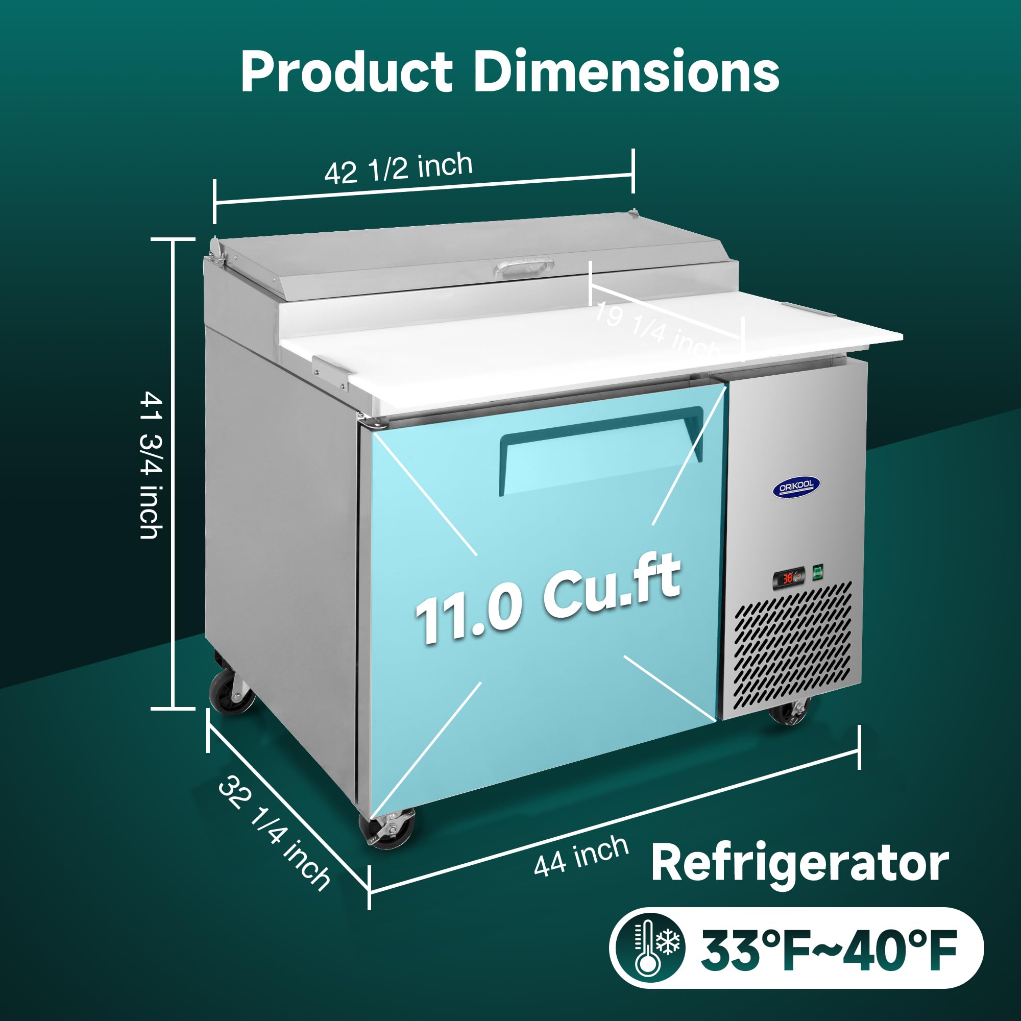 ORIKOOL 44" Commercial Pizza Prep Table, 11 Cu.ft Capacity, ETL & DOE Listed