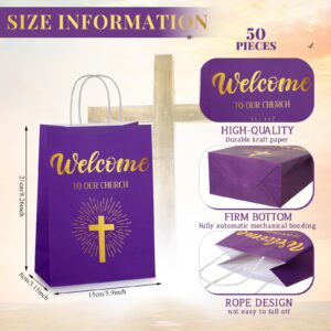 Chuangdi 50 Pcs Church Welcome Gift Bags Christmas Christian Paper Bags Welcome to Our Church Bags Religious Bags with Handles for Church Guest Baptism Birthday Church Party,5.9 x 3.15 x 8.27 Inch(Purple)