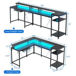 Jojoka L Shaped Gaming Desk,68" Computer Desk with Power Outlets & LED Lights, Home Office Desk with File Drawer, Corner Desk with Monitor Shelf and Hook, Two Person Desk (Black)