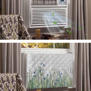 Leaves Plants Indoor Air Conditioner Cover for Window Units, Double Insulation Adjustable Waterproof Indoor AC Cover with Elastic Straps Wildflower Botanical Flower Blue Green 25'' x 18'' x 3.5''