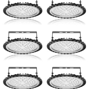 6 Pack300W UFO LED High Bay Light, 30000 LM Factory Warehouse Industrial Lighting, 6000-6500K Shop Warehouse LED Lights, IP54 Waterproof, Commercial LED Bay Lighting for Garage Factory Workshop Gym