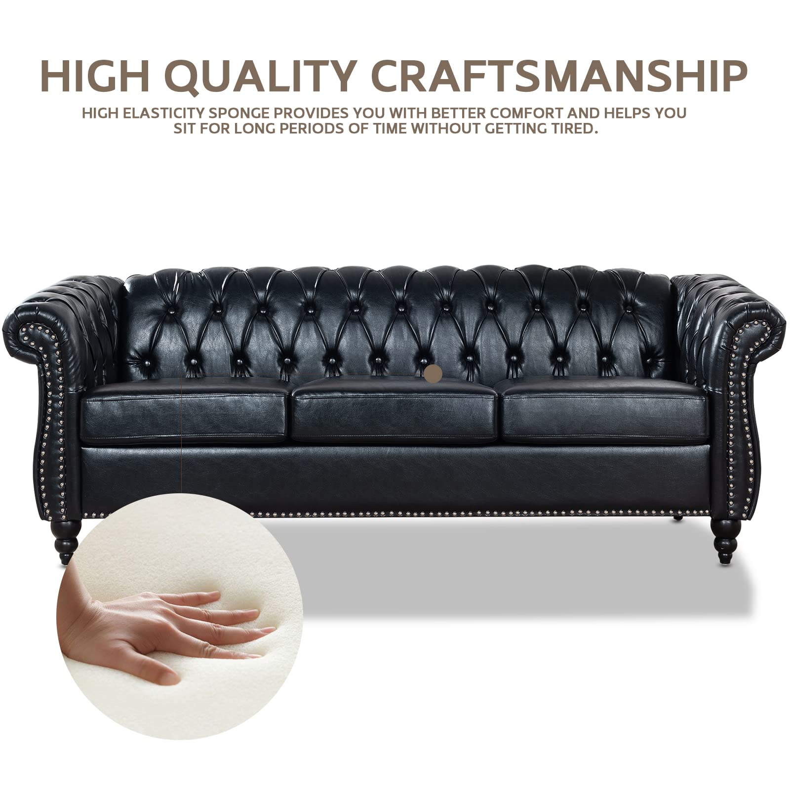 TINGMAMADEHUA Black Chesterfield Sofa,3 Seater Sofas,Button Tufted Faux Leather Couch for Living Room Bedroom Office