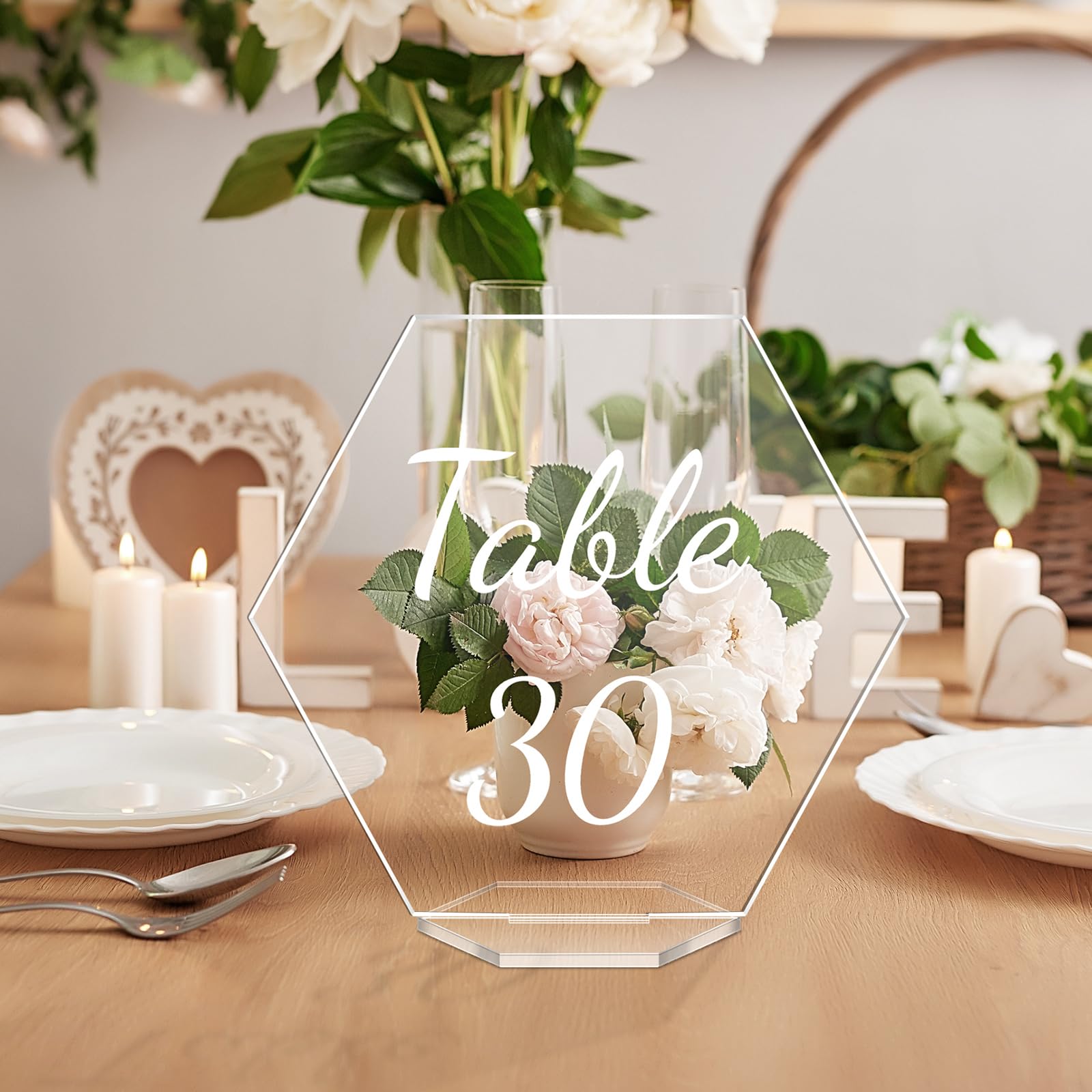 Zhanmai 30 Pcs Acrylic Table Numbers 1-30 for Wedding Table Numbers Hexagon Table Number Signs 5.5 x 5 Inch Clear Place Cards with Stand for Wedding Reception Events Party Restaurant (White Letter)