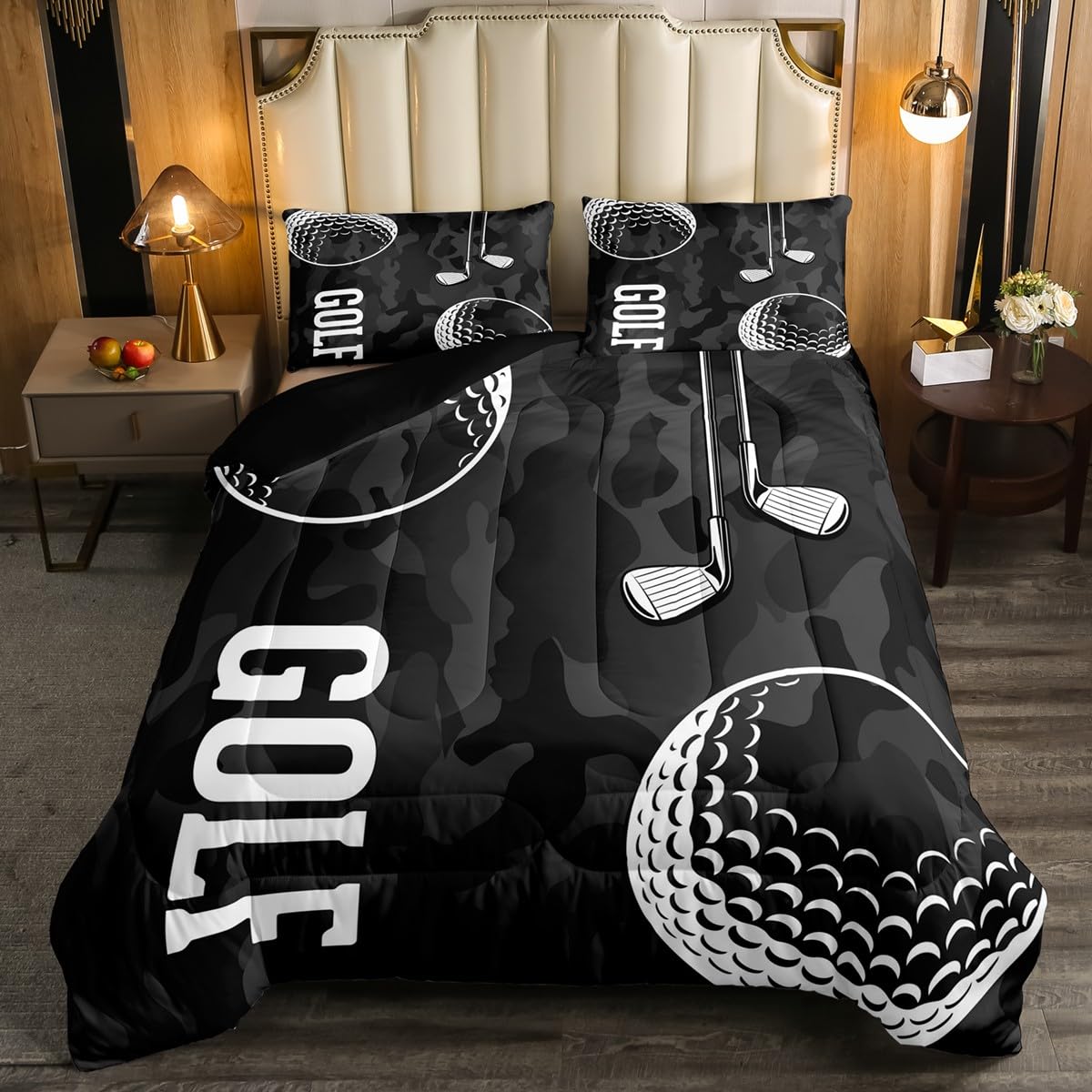 Erosebridal Golf Print Comforter Set Black Camo Bedding Sets King Kids Boys Teens Camouflage Comforter Sports Themed Bedding,Ball Gaming Duvet Golf Balls Quilt 3 Piece Soft Lightweight Down Comforter