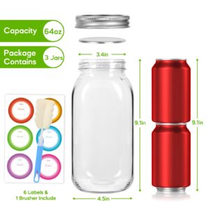 Mcupper 3 Pack Wide Mouth Mason Jars 64 oz, Half Gallon Mason Jars, Large Canning Jars with Lids and Bands for Canning & Storing, Labels & Brusher Included