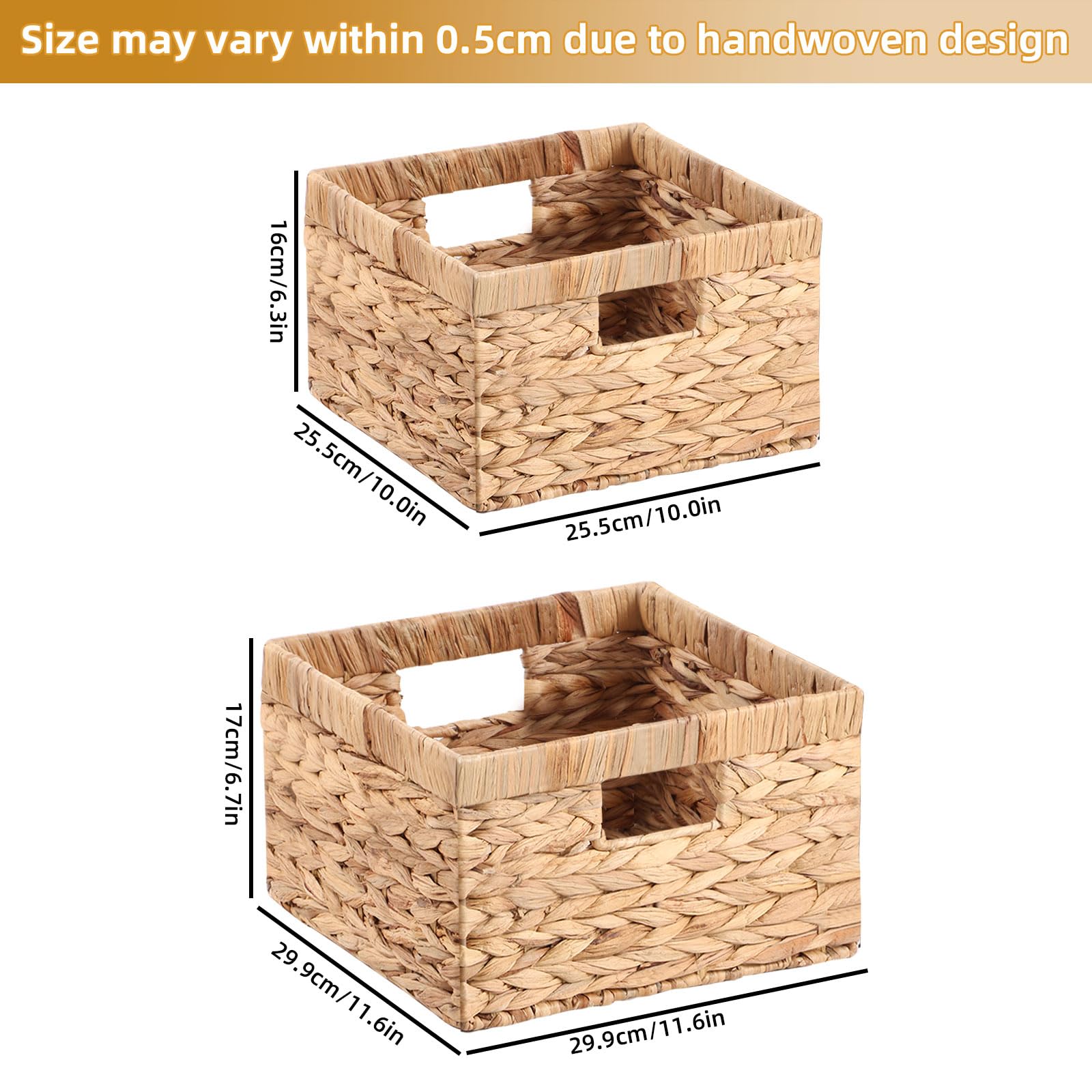 YheenLf Wicker Storage Basket with Handle for Organizing, Decorative Woven Storage Basket Bins for Makeup Towel Shelf Cupboards Drawer Closet Dresser, Water Hyacinth, Set of 2