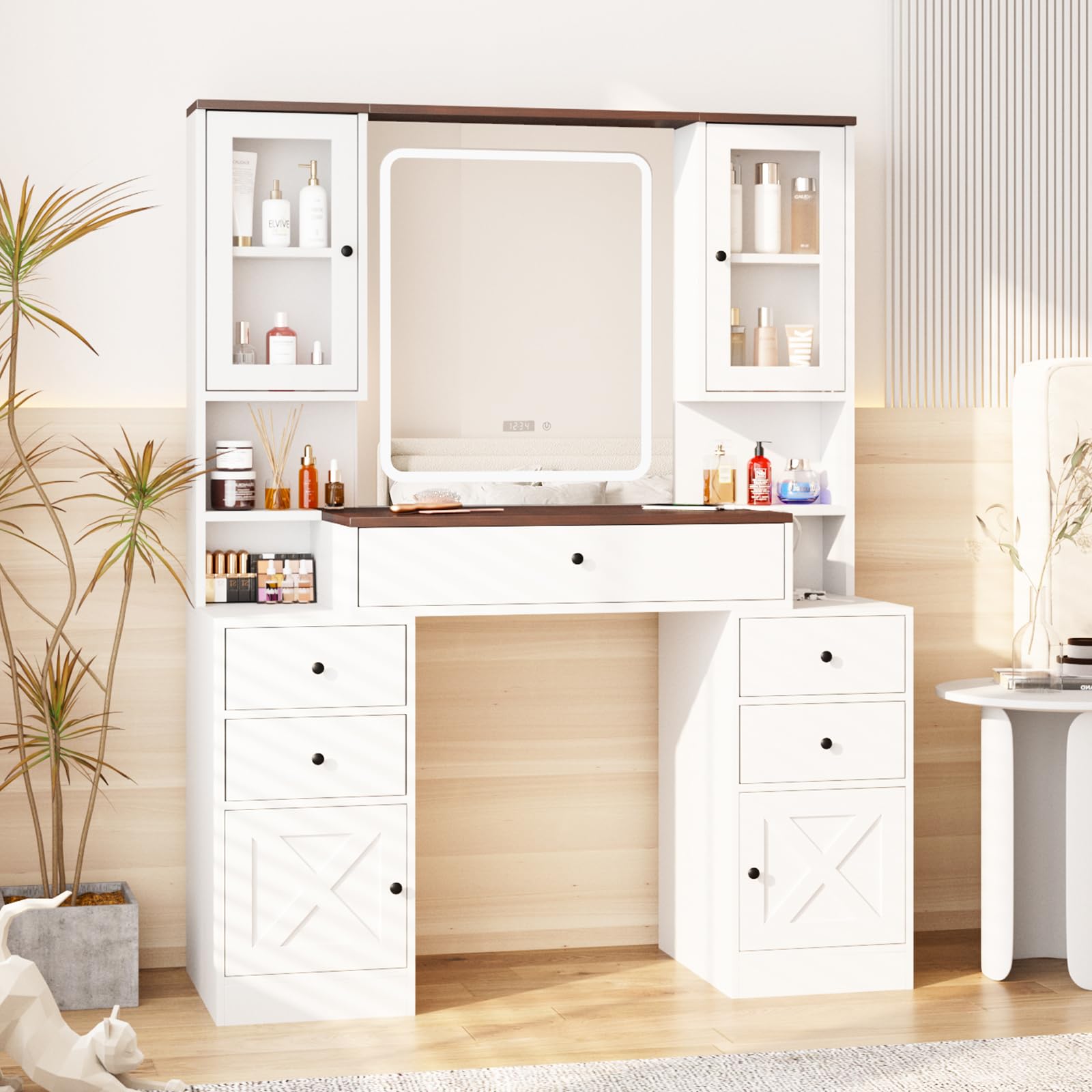 Vanity Desk with Mirror and Lights,White Makeup Vanity Table with Power Strip & LED Lighted Mirror,43in Large Makeup Desk with 5 Drawers,4 Cabinets and Lots Storage,3 Lighting Modes,White+Brown