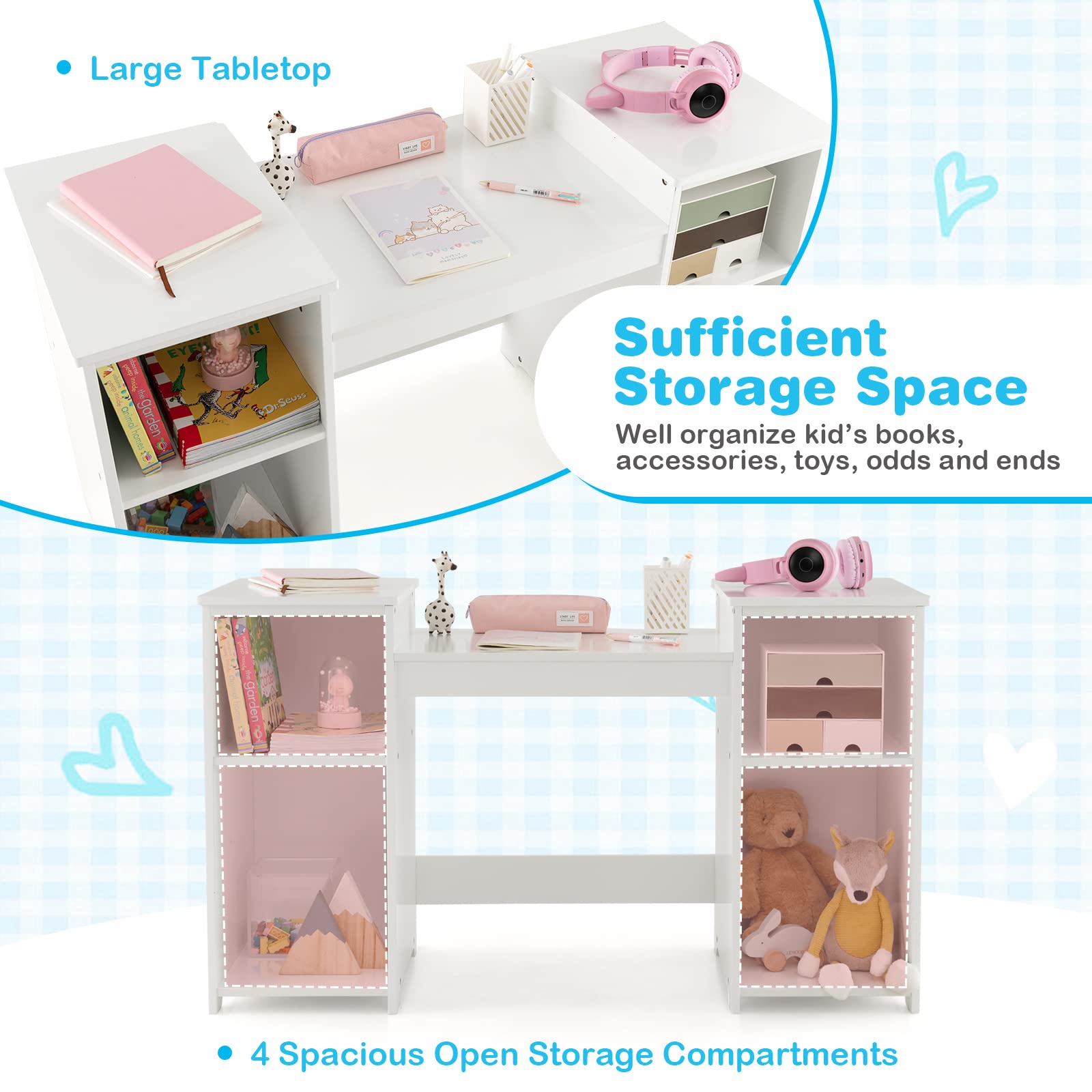 KOTEK Kids Vanity Table and Chair Set, 2 in 1 Wooden Princess Dressing Desk with Detachable Tri-Folding Mirror & Storage Shelves, Girls Pretend Play Beauty Makeup Vanity for Bedroom (White)