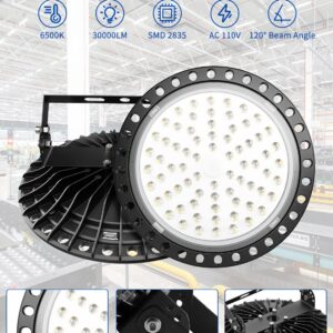 6 Pack300W UFO LED High Bay Light, 30000 LM Factory Warehouse Industrial Lighting, 6000-6500K Shop Warehouse LED Lights, IP54 Waterproof, Commercial LED Bay Lighting for Garage Factory Workshop Gym