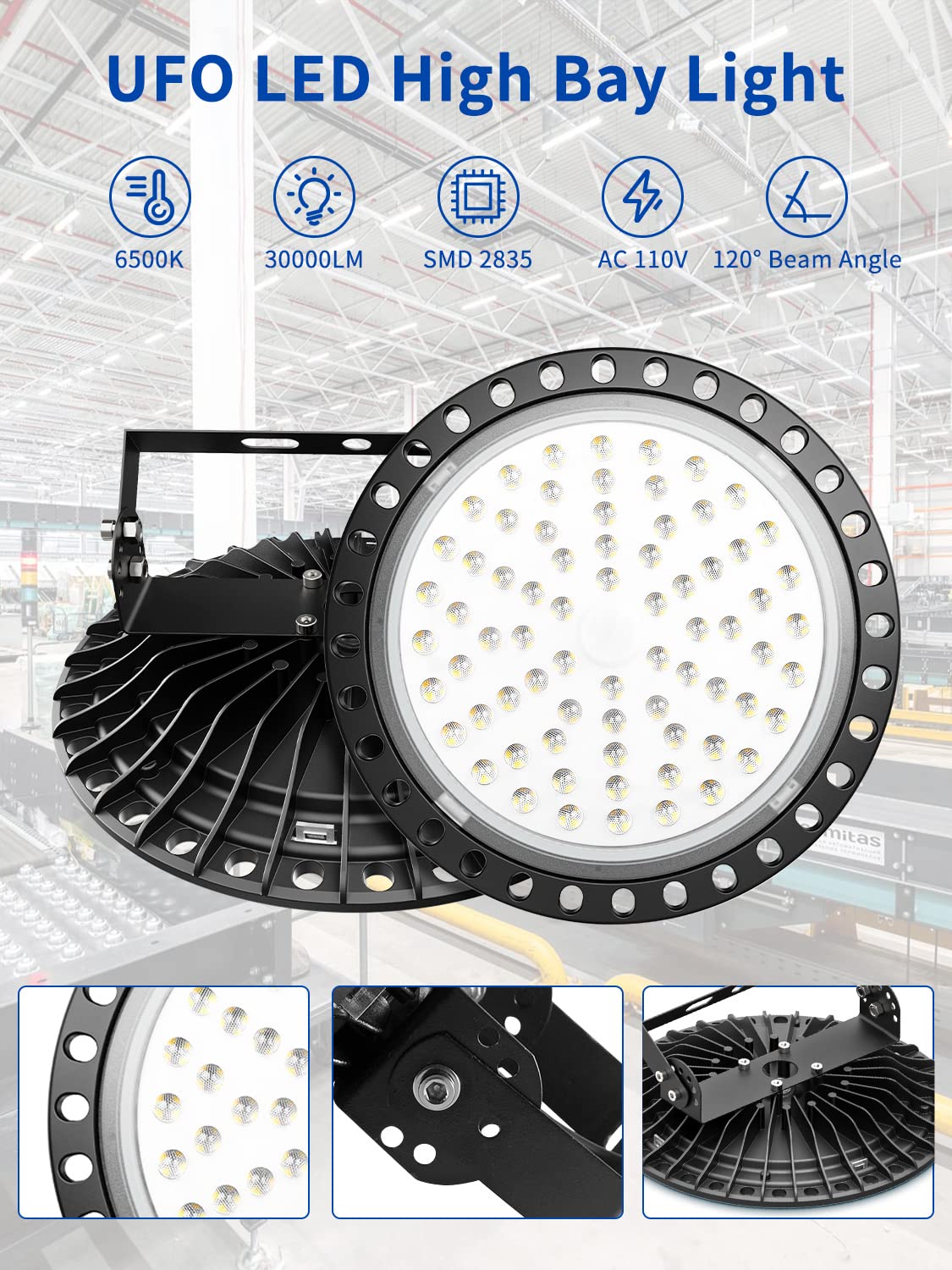 6 Pack300W UFO LED High Bay Light, 30000 LM Factory Warehouse Industrial Lighting, 6000-6500K Shop Warehouse LED Lights, IP54 Waterproof, Commercial LED Bay Lighting for Garage Factory Workshop Gym