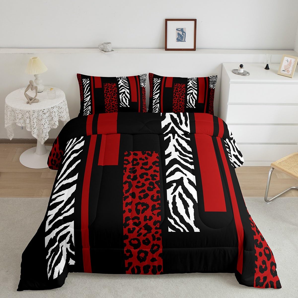 Leopard Print Comforter Set Queen Size,Zebra Skin Stripes Rustic Farmhouse Bedding Set,Girls Women Room Decor,Geometric Square Patchwork Down Comforter,Red Black Fashion Duvet Insert,2 Pillowcases