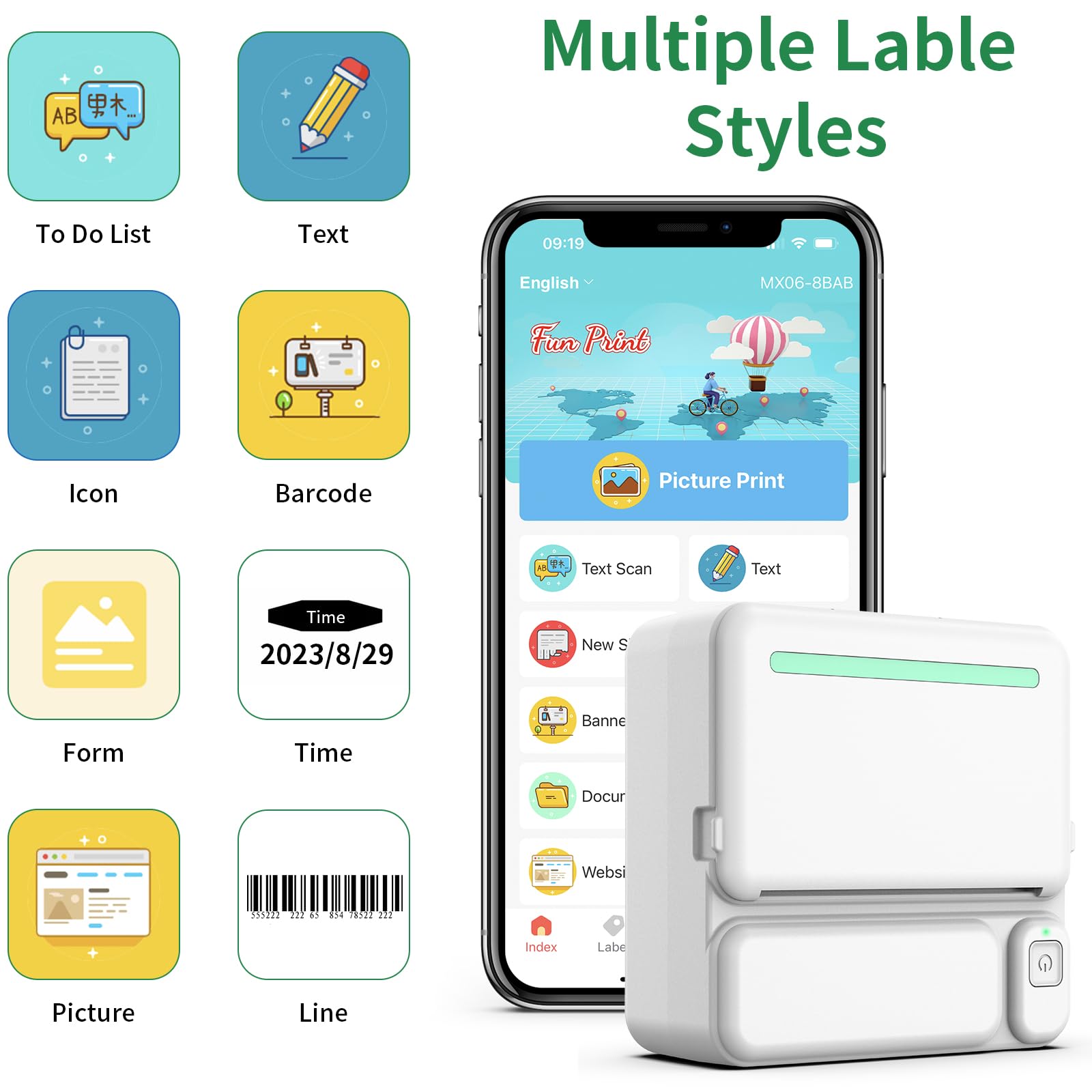 kazazoo Mini Thermal Printer Bluetooth Pocket Printer Portable Inkless Sticker Printer for Notes/Lists/Label/Memo/Scrapbook, Photos Compatible with iPhone iOS & Android or Tablet (with 2 Roll Paper)