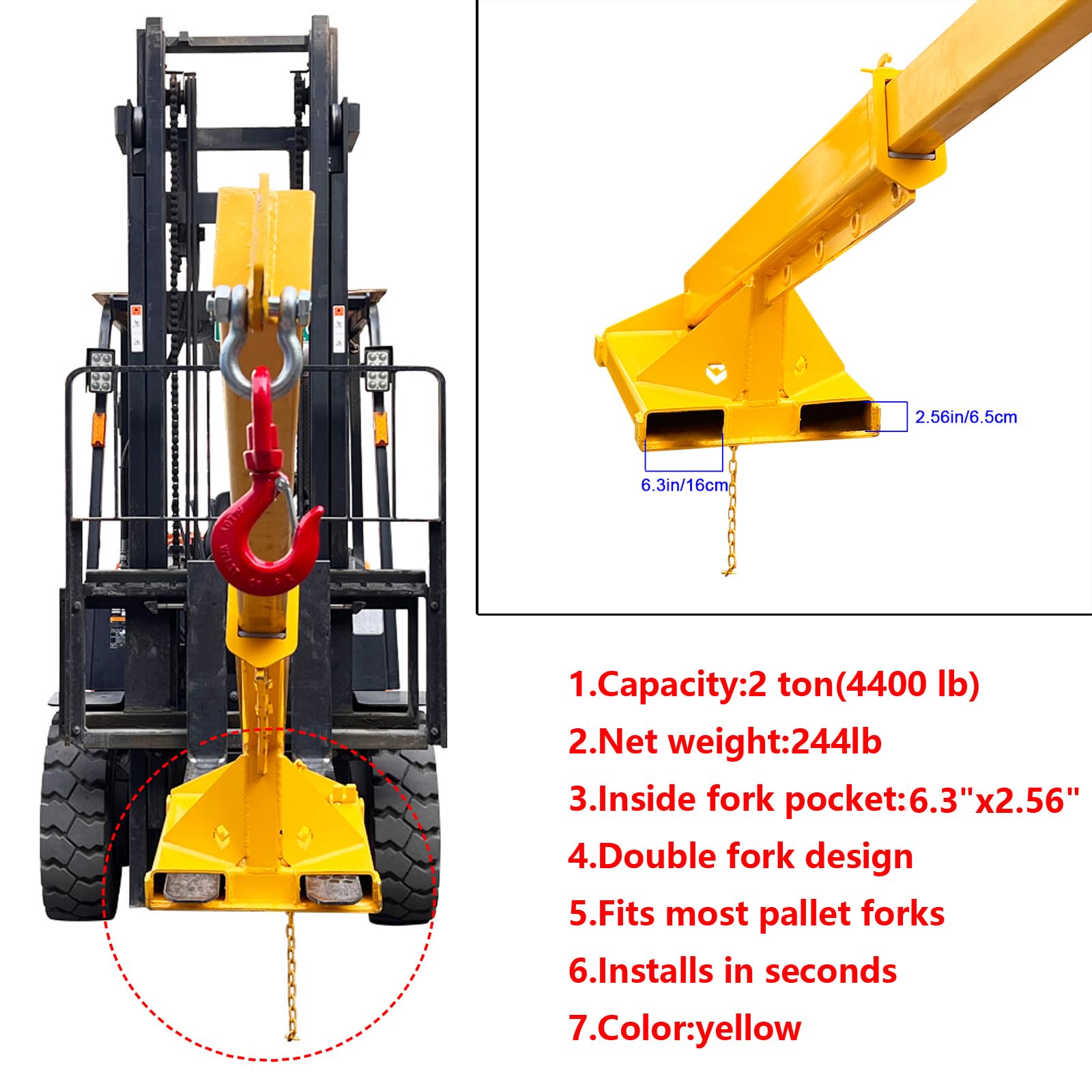 WYDDDARY Adjustable Mobile Crane Lifting Hoist Truss Jib Boom Hook 6614LbS Capacity Forklift Telescopic Boom for Forklift Towing Handling(Angle Fixation)