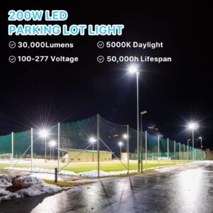 HYPERLITE 200W LED Parking Lot Light, 30000LM LED Shoebox Light with photocell, Commercial Area Lights with Adjustable Trunnion Mounting for Roadways, Stadium, Yard, Courts, IP65 Waterproof