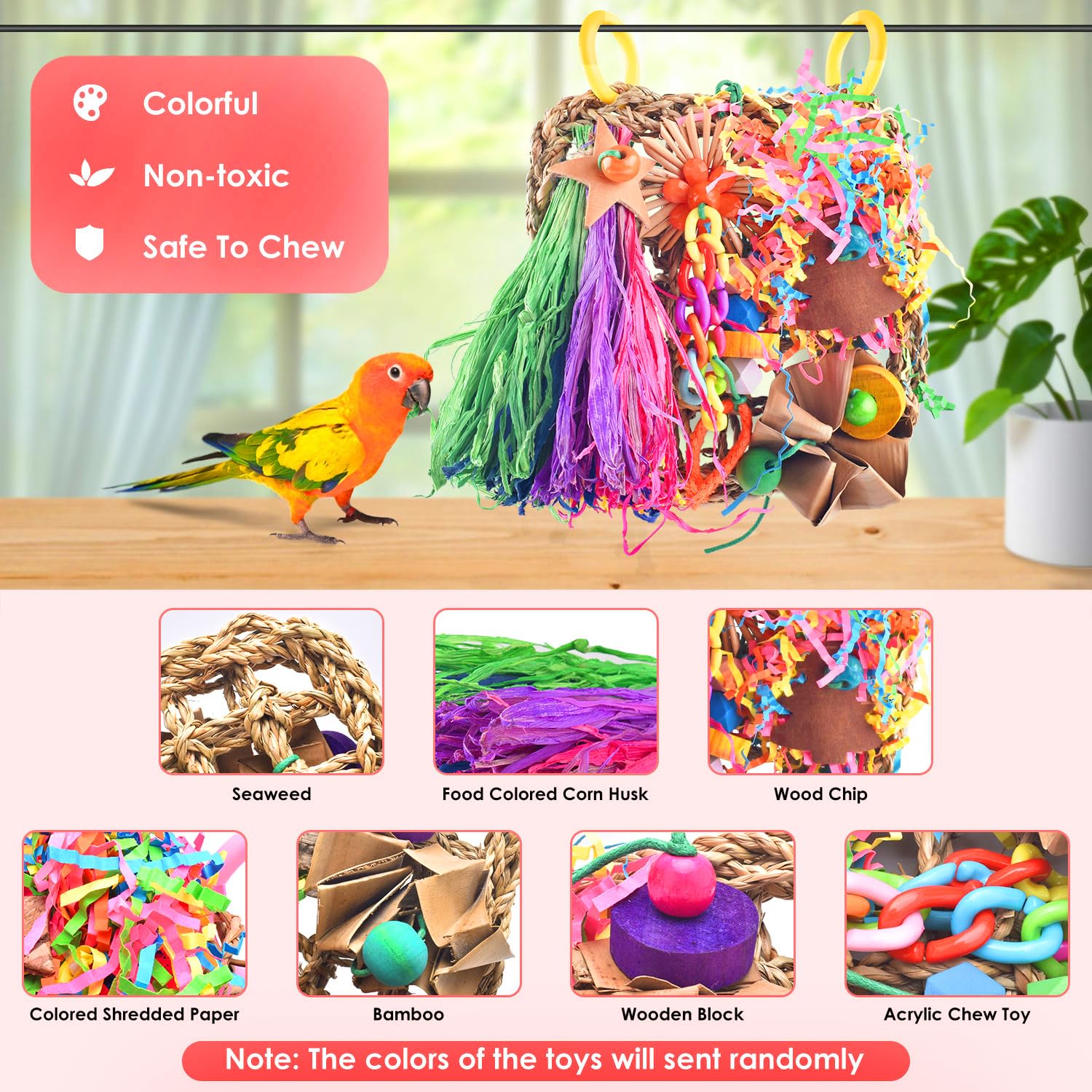 KATUMO Conure Toys, Bird Grass Mat Parakeet Shredder Hanging Toys Cockatiel Foraging Toys Parrot Climbing Wall Toys Lovebird Cage Toys for Small Birds