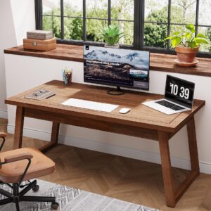 Tribesigns Home Office Executive Desk: 55 Inches Wooden Computer Desk with Drawer, Mid-Century Modern Study Writing Table, Rustic PC Laptop Desk Workstation Furniture, Walnut Brown