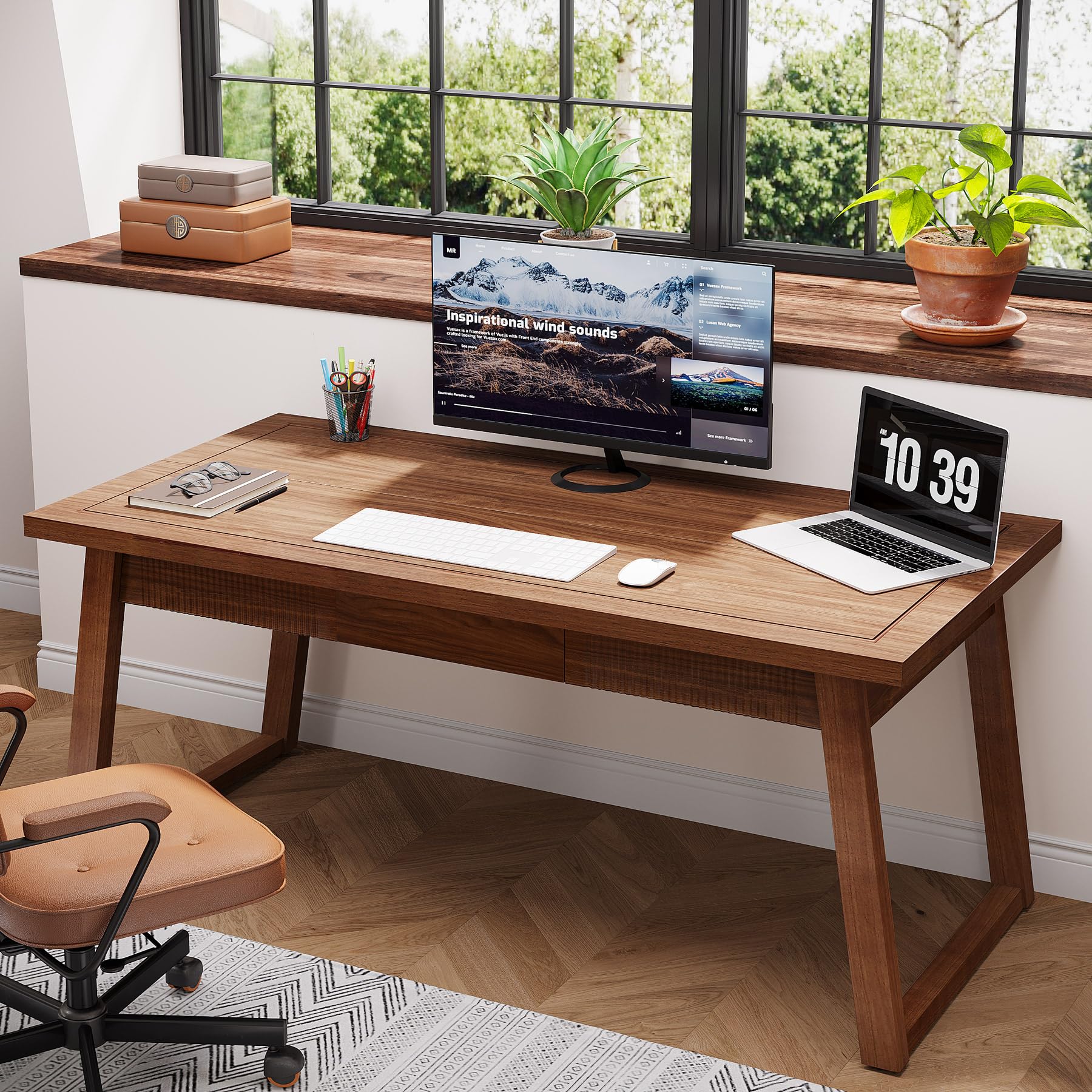 Tribesigns Home Office Executive Desk: 55 Inches Wooden Computer Desk with Drawer, Mid-Century Modern Study Writing Table, Rustic PC Laptop Desk Workstation Furniture, Walnut Brown