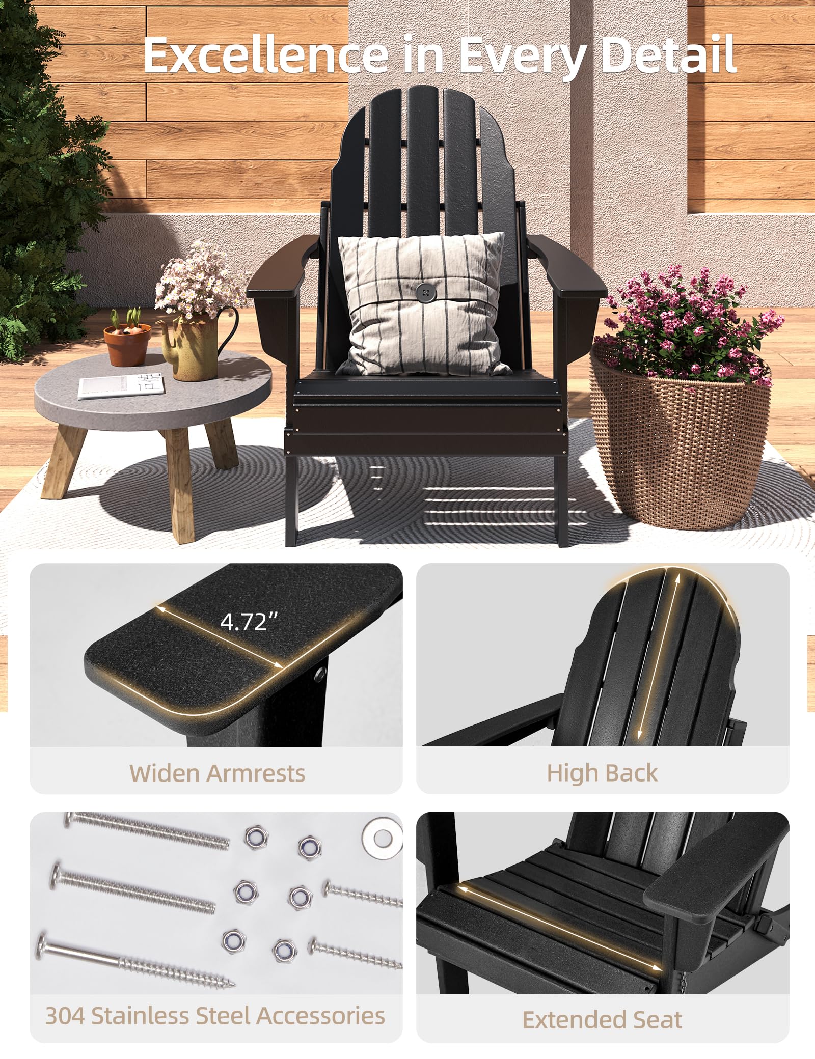 Folding Adirondack Chair - Durable HDPE Poly Lumber All-Weather Resistant, Foldable Oversized Balcony Porch Patio Outdoor Chair for Lawn, Backyard, Deck, Garden, Camping - Easy Installation, Black