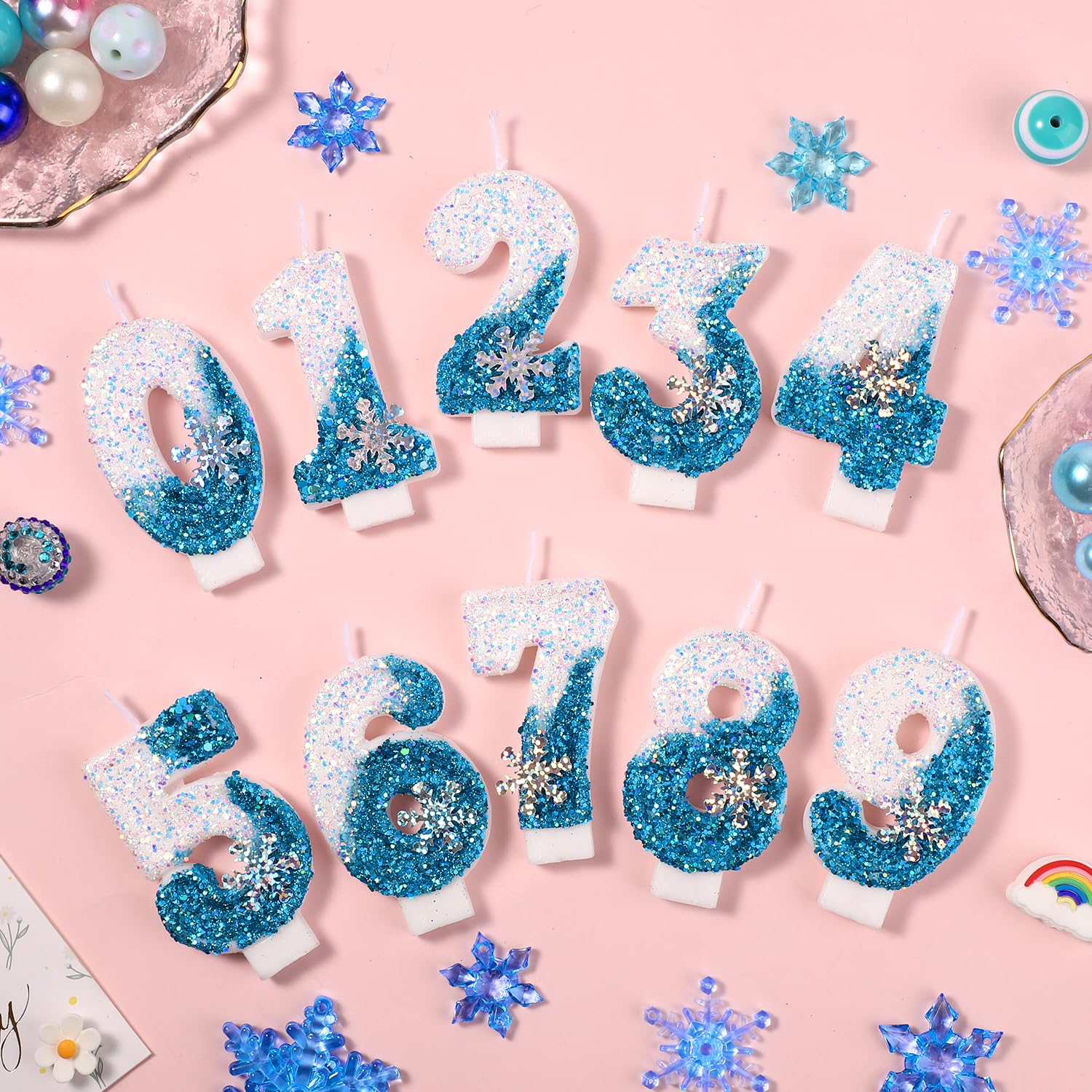 Frozen Birthday Candles 0-9, Snowflake Glitter Number Candles White and Blue Cake Decorations for Kids Adults Birthday Wedding Anniversary Party Supplies (3)