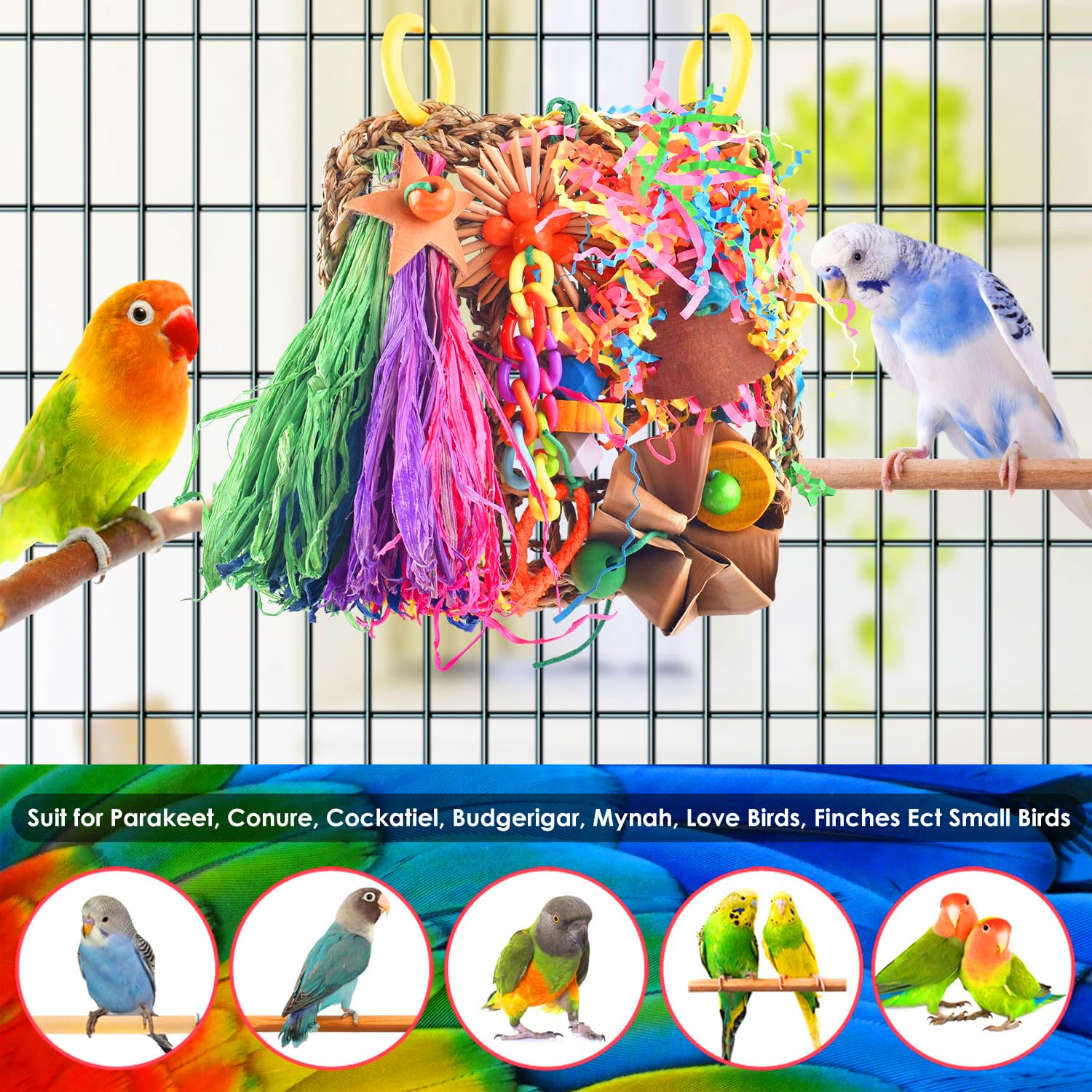 KATUMO Conure Toys, Bird Grass Mat Parakeet Shredder Hanging Toys Cockatiel Foraging Toys Parrot Climbing Wall Toys Lovebird Cage Toys for Small Birds