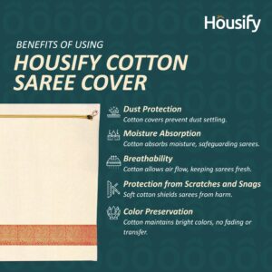 Housify Cotton Saree Covers with ZIP - Pure Cotton 20 Big Size(16.5×14.5 Inches) Single Sari Storage Bags/Cover/Pouches for Packing New Sadi - Wardrobe Organizer for Sarees/Cloths With Window