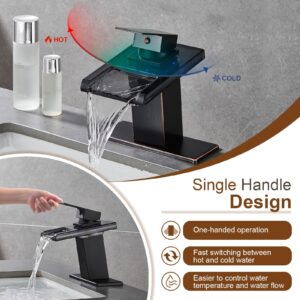 ZORIOU LED Bathroom Sink Faucets, Oil Rubbed Bronze Waterfall 3 LED Light Single Handle Stainless Steel Bathroom Faucet with Pop Up Drain