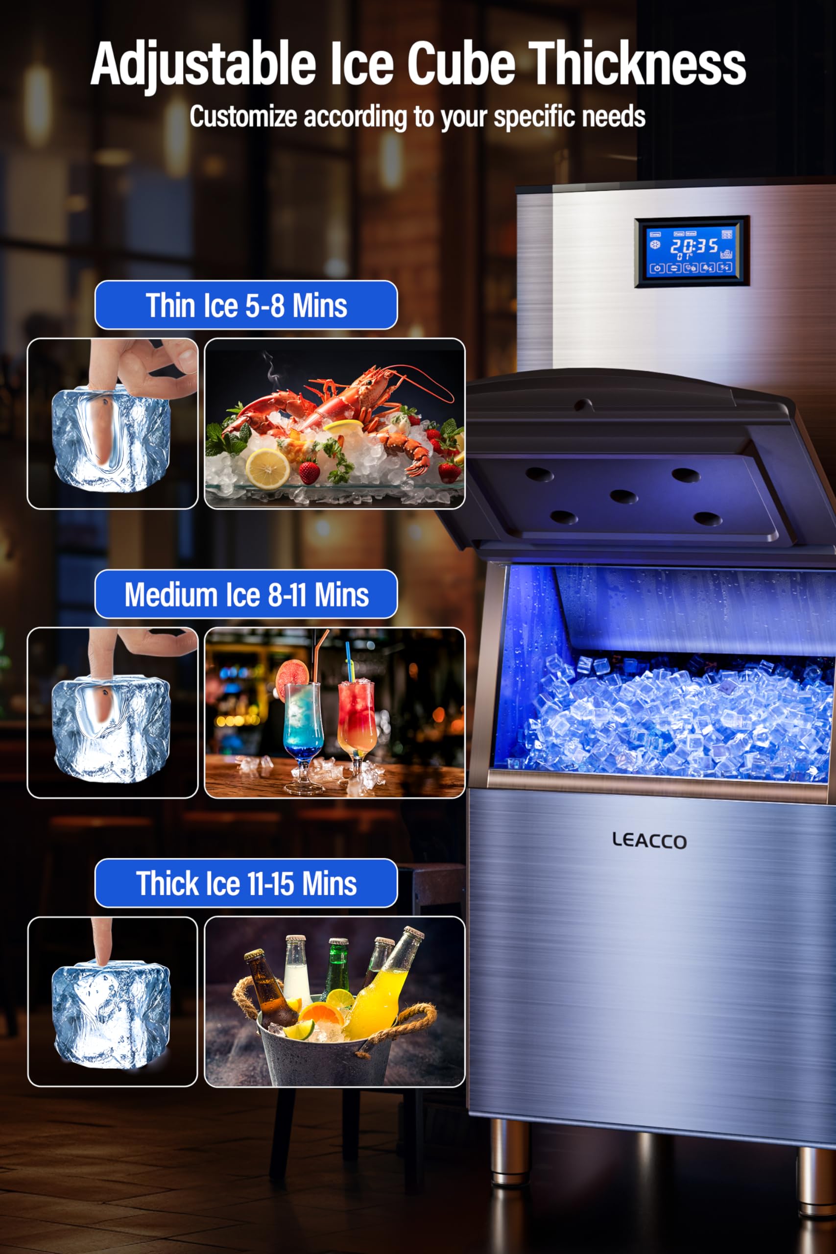 Leacco Commercial Ice Maker Machine 550LBS/24H with 350LBS Stainless Steel Storage Bin, Air Cooled Modular Ice Cube Machine, 1200W