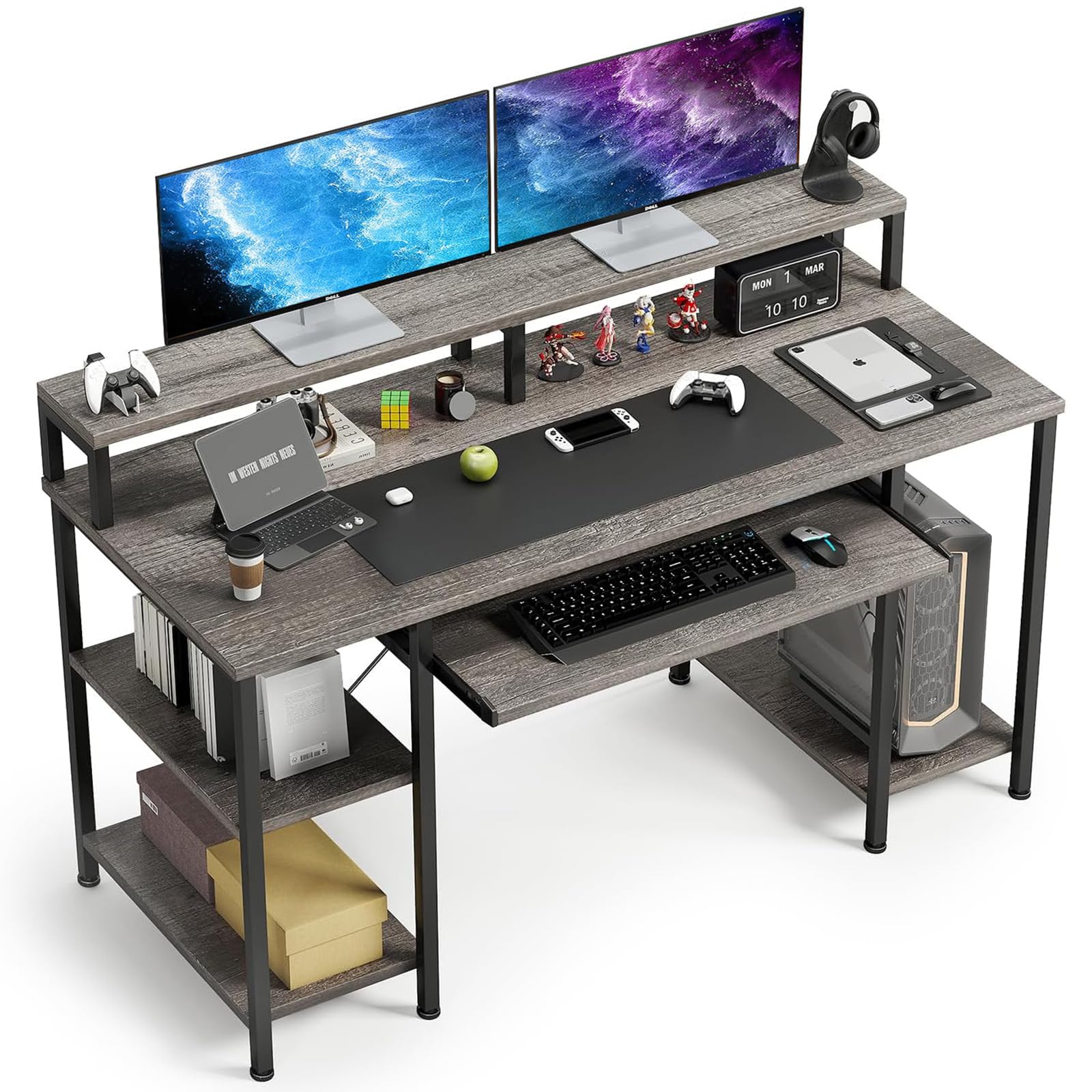 VERMESS Computer Desk- 48 Inch Home Office Desk with Keyboard Tray, 47" Gaming Desk with Full Monitor Stand & Storage Shelves & CPU Stand, Modern Study Writing Table with Shelf for Storage, Gray Oak