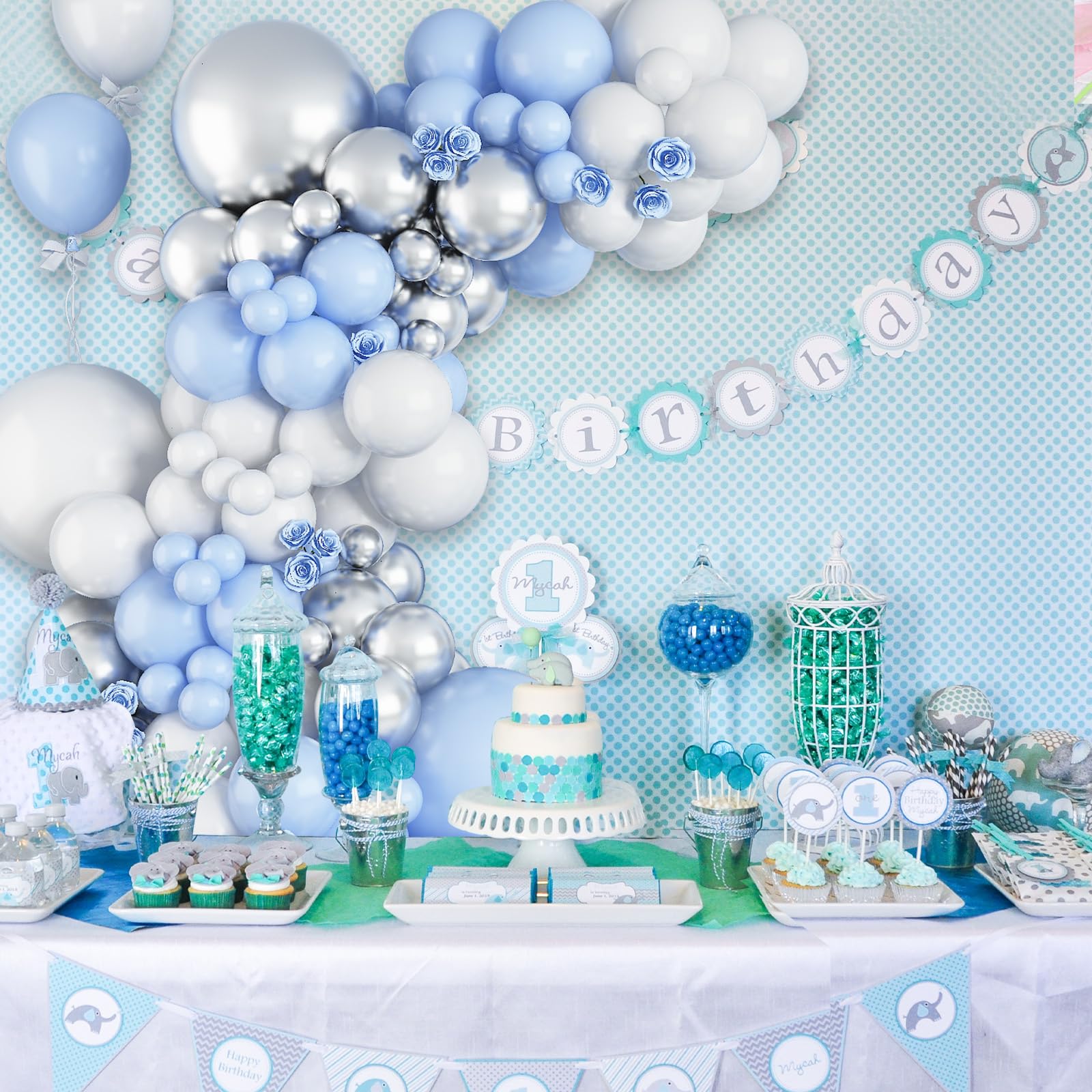 Blue White Balloon Arch Kit, 108 Pcs Blue Silver White Balloon Garland with 18/12/10/5 Inch Pastel Baby Blue White Silver Latex Balloons for Boys Baby Shower Birthday Wedding Graduation Decorations