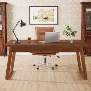 tribesigns home office executive desk: 55 inches wooden computer desk with drawer, mid-century modern study writing table, rustic pc laptop desk workstation furniture, walnut brown