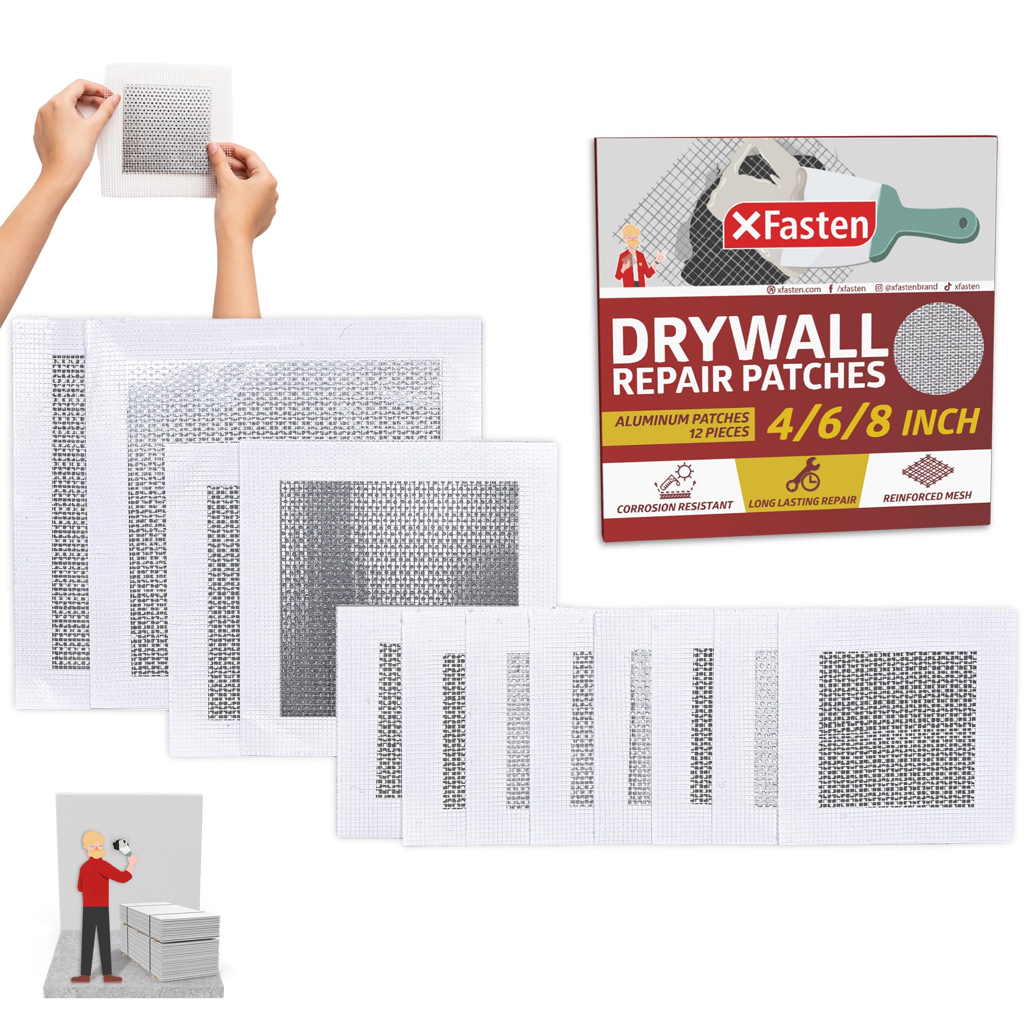 XFasten Drywall Repair Kit 12-Pack 4/6/8 Inch Aluminum Dry Wall Repair Patch Kit, Wall Patch Kit for Holes Drywall, Sheetrock Repair Kit, Ceiling Mesh Self-Adhesive Drywall Hole Repair Kit