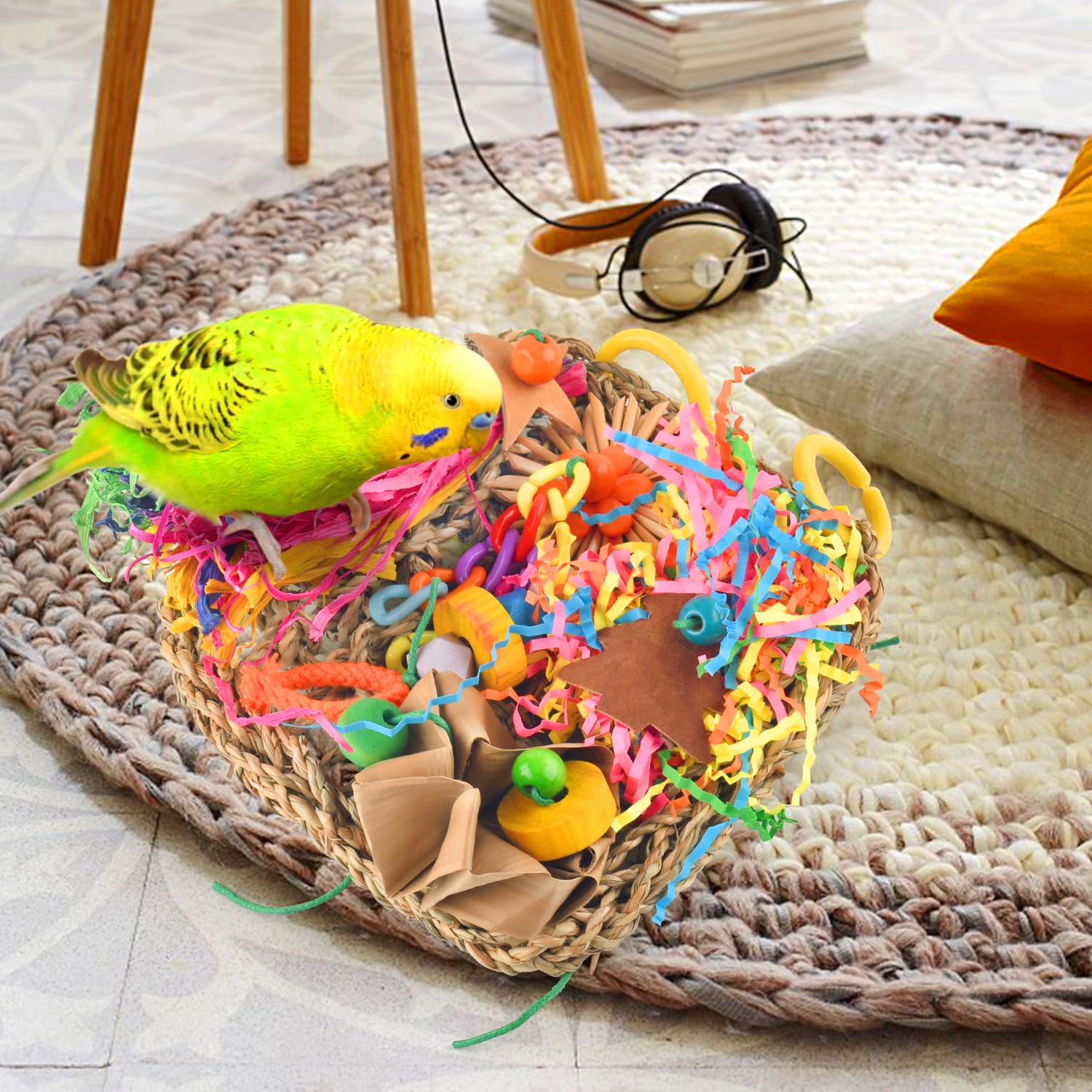 KATUMO Conure Toys, Bird Grass Mat Parakeet Shredder Hanging Toys Cockatiel Foraging Toys Parrot Climbing Wall Toys Lovebird Cage Toys for Small Birds