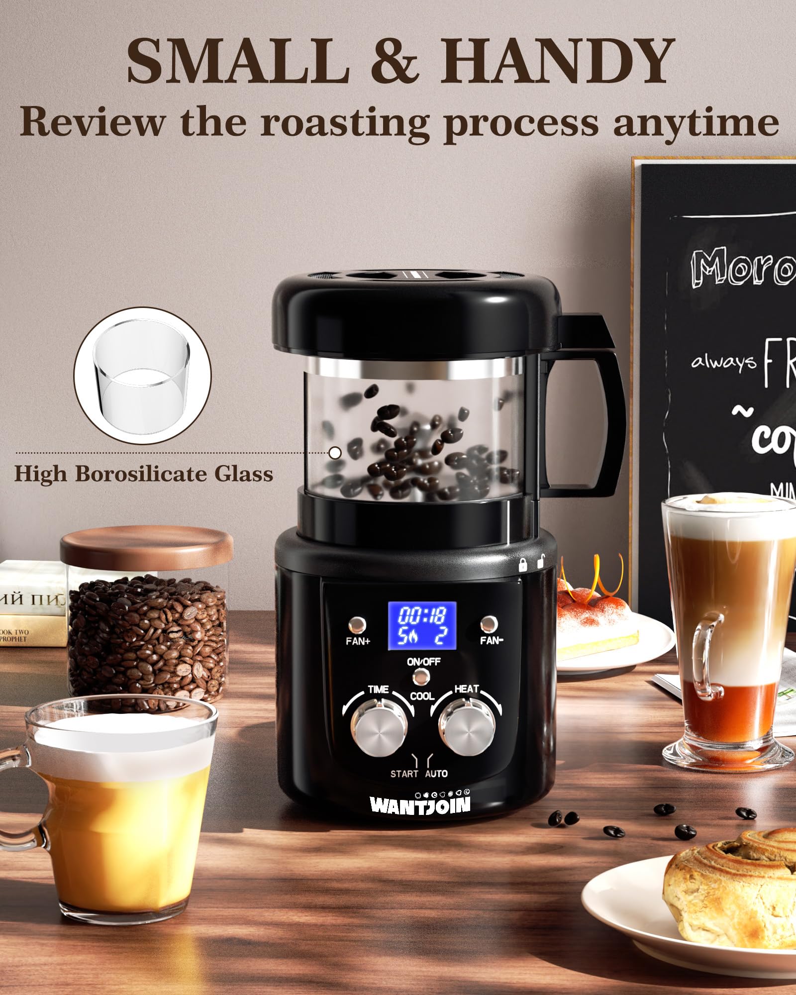 WantJoin Coffee Bean Roaster Machine for Home Use, Coffee Roaster with Timer, Transparent Thickened Glass, Auto&Diy Mode, 100g per use, Father's Day Gift for Coffee Drinker, Friends,1400W