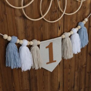 Handmade Boho 1st Birthday High Chair Banner Party Decoration For Girl Baby Shower Blue And White Wall Hangings Decorative For Kids Bedroom