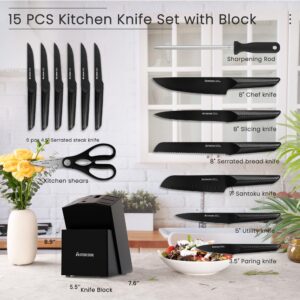 Astercook Kitchen Knife Set, 15 Pieces Chef Knives Set with Block, German Stainless Steel Handle One-Piece Design Knife Block Sets Dishwasher Safe Black