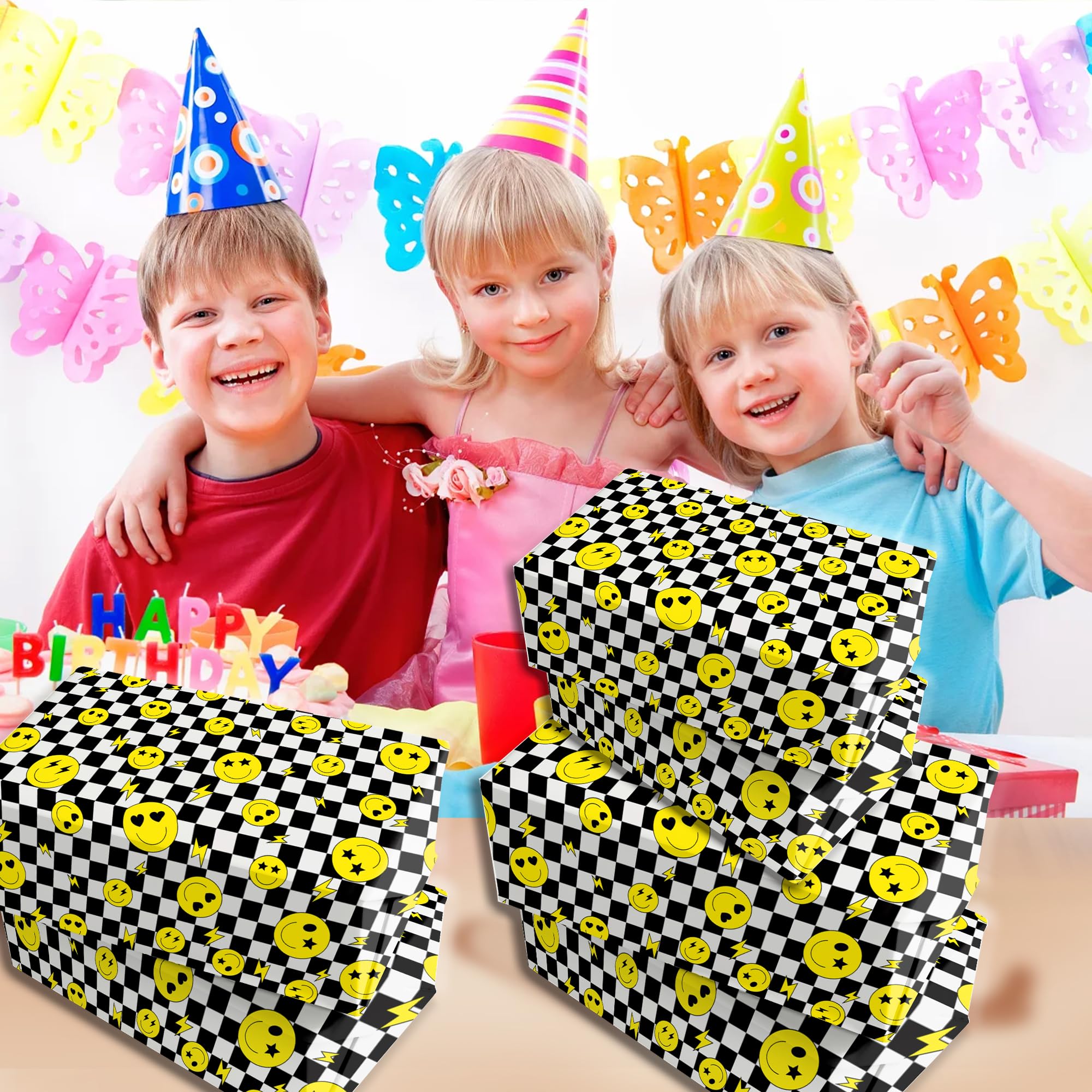 12 Sheets 28 * 20 Inches one Happy Dude Theme Gift Wrap Paper, Black Yellow Smiley Faces Lightning Printed Wrapping Paper with Checkered Patterns for First Birthday Party Baby Shower DIY Craft