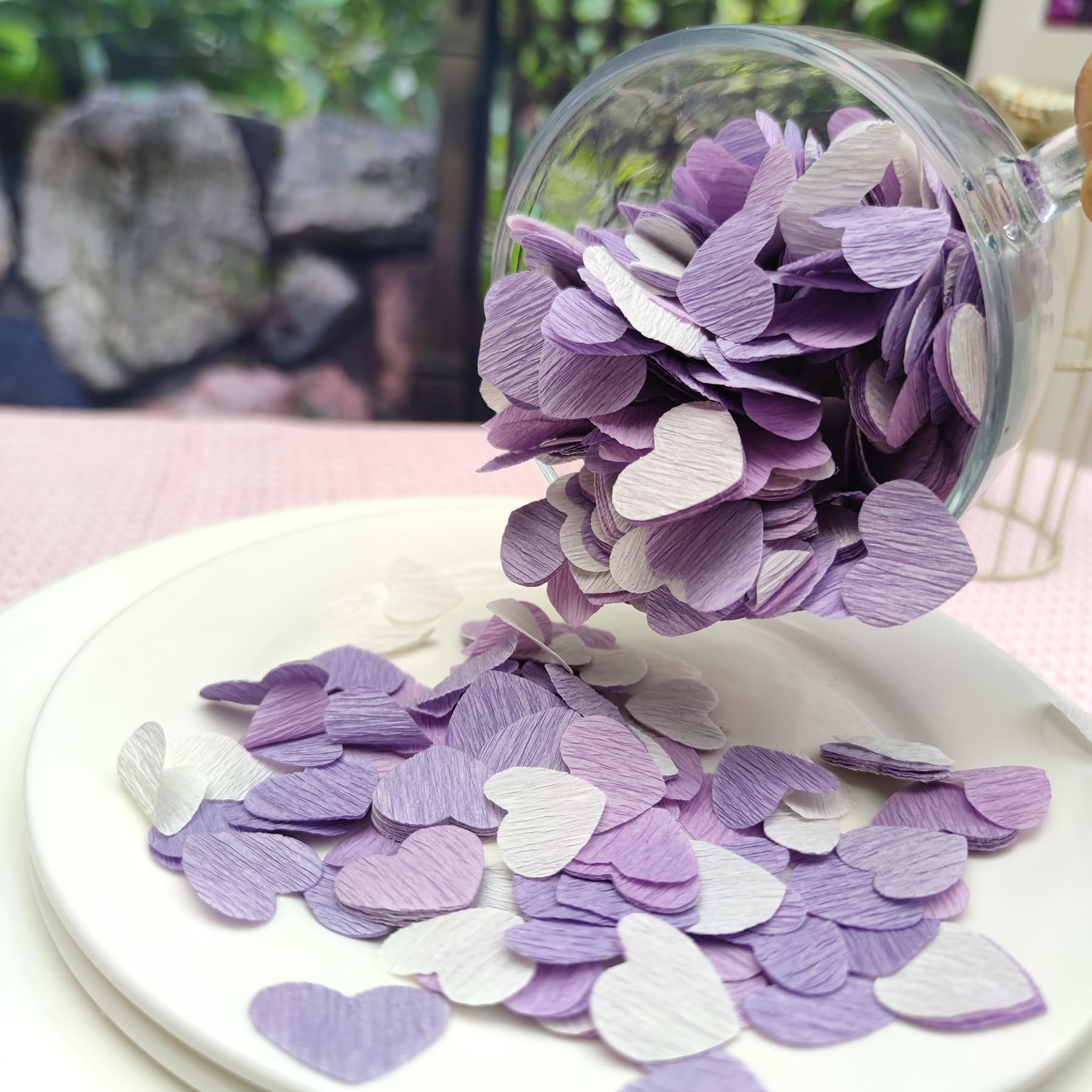 mybbshower Lilac White Crepe Paper 1 inch Heart Confetti for Table Decor Anniversary Violet Lavender Birthday Wedding Bridal Shower Girls Women Party Decorations 1000 Count