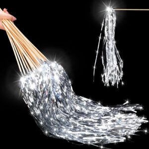 simgoing 100 pcs lighted wedding wands led tinsel wedding wands light up wedding streamers for wedding send off and exits baby shower birthday party favors(silver)