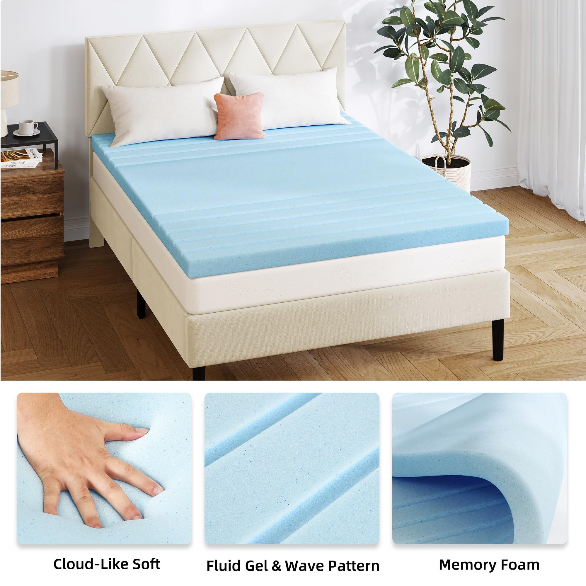 DWVO Mattress Topper Queen, 3 Inch Cooling Memory Foam Mattress Topper, Soft Vents Holes Bed Topper with Breathable Washable Ice-Touch Fabric Cover for Pressure Relief, CertiPUR-US Certified