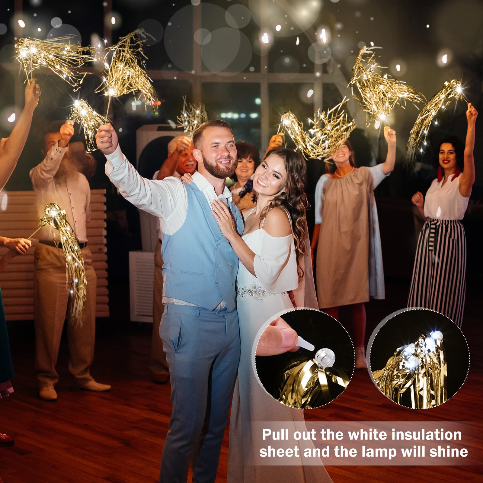 Simgoing 24 Pcs Lighted Wedding Wands LED Tinsel Wedding Wands Light up Wedding Streamers for Wedding Send off and Exits Baby Shower Birthday Party Favors (Champagne Tinsel)