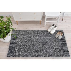 donttwa Modern Bathroom Rug, Washable Black Small Area Rug, 2x3 Front Door Mat Lightweight Woven Cotton Rug with Tassels, Farmhouse Throw Rugs Low Pile Carpet for Entry Laundry,Black&White